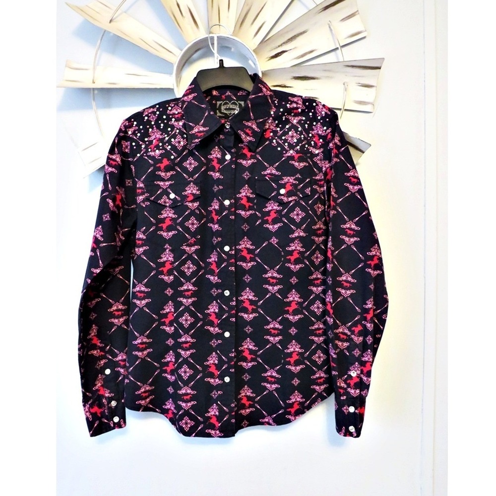 Cowgirl Hardware Western Snap Shirt Black Pink Rhinestone Equestrian Rodeo M
